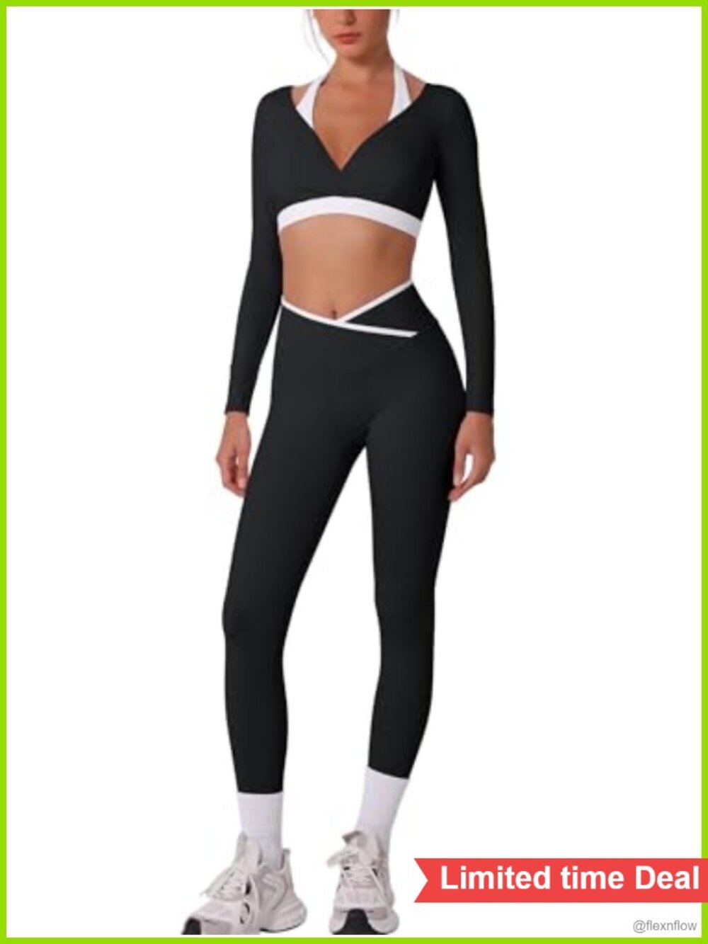 Women's 2 Piece Workout Set Long Sleeve Halter Crop Top Scrunch Leggings